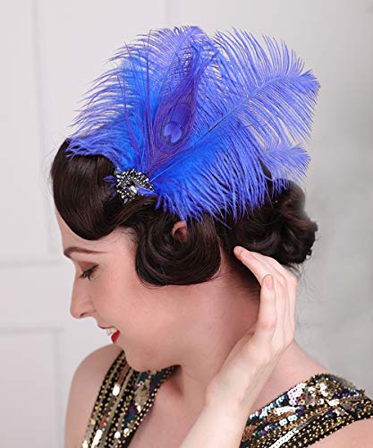 Royal Blue Flapper Headpiece with Feather & Crystal Hair Clip