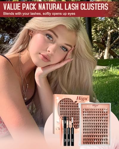 Higu Clace DIY Lash Clusters Kit D10 - 144pcs Natural C Curl Eyelash Extensions with Bond, Seal & Tweezers for Beginners