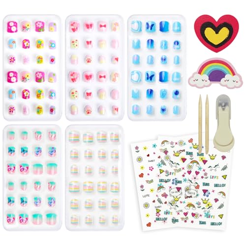 CUXFLS Style 6 Kids Press-On Nails Set - 120 Colorful Glitter Fake Nail Tips with Pre-Glue for Children