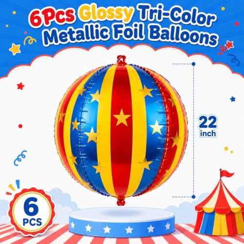 Circus Theme Foil Balloons Set - 6pcs 22 Inch Red, Blue & Yellow