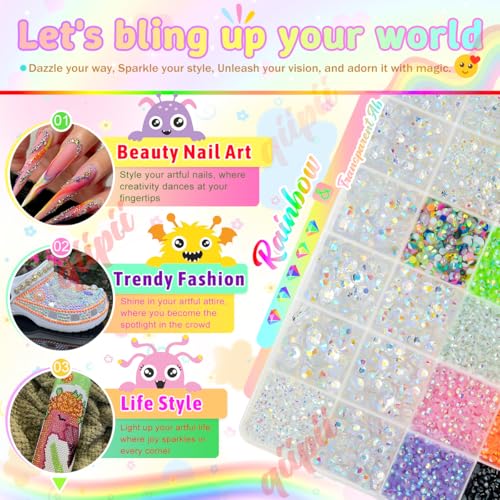 Transparent AB Resin Rhinestones Kit with B7000 Glue - 2mm-6mm Flatback Gems for Crafting