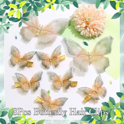 SAWINDA Gold Butterfly Hair Clips Set – 8pcs Tulle Rhinestone Hair Barrettes for Girls & Women, Moving Wings, Fairy Accessories