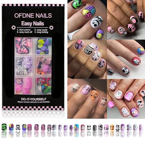 OFDNE Halloween Kit-2 Press on Nails Set - 144 Short Square Fake Nails with 6 Styles & Designs for Women & Girls