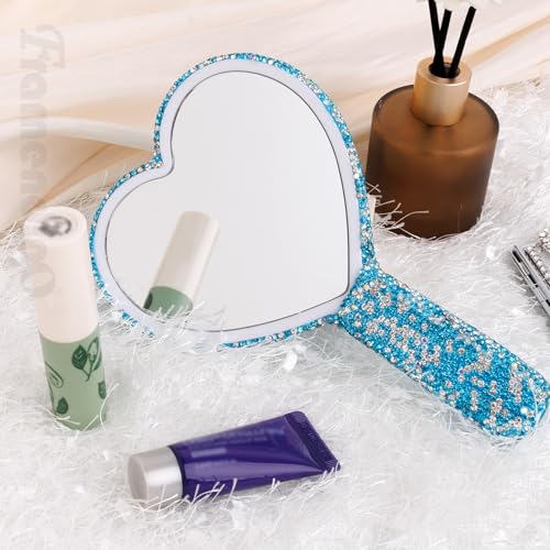 Framendino Blue Rhinestone Handheld Mirror 6.5" Heart Design
