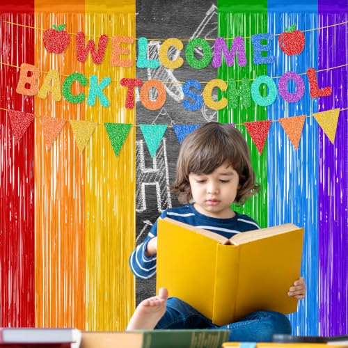 Welcome Back to School Banner with Rainbow Foil Curtains