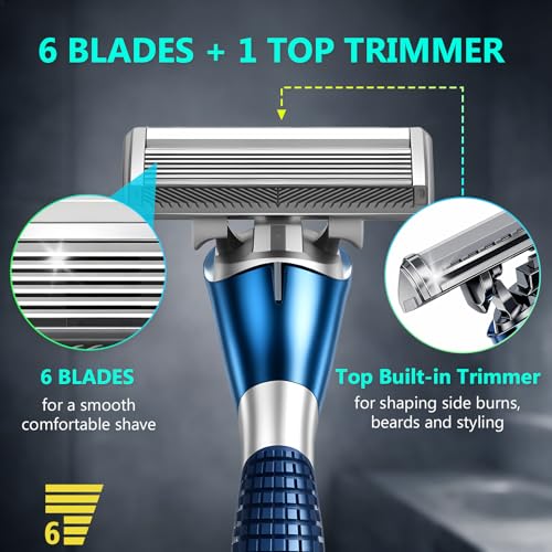 FYNEDGE Men's 6-Blade Razor & Top Trimmer Set with 4 Refills, Handle & Hook