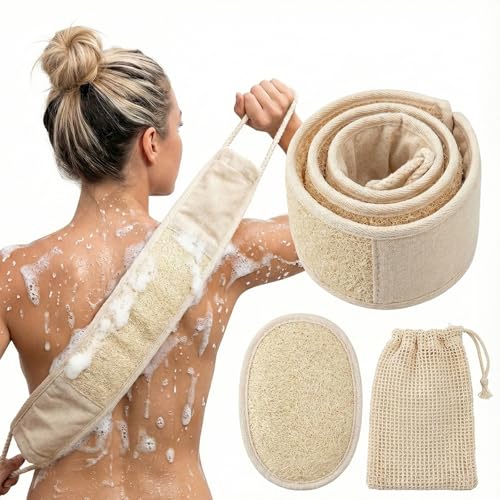 2-Pack Natural Loofah Back Scrubber Set with Exfoliating Body Loofah and Soap Bag
