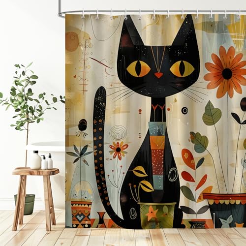 Black Cat Shower Curtain - Boho 72x72 Inch Waterproof Bath Decor