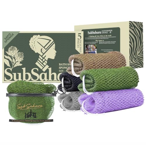Exfoliating Bath Sponge Set - 5 Pack 45-Inch Nylon Net Scrubbers in Green, Gray, Brown, Black, Purple