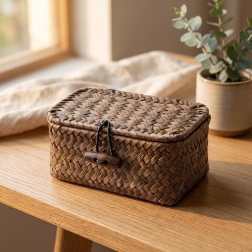 Handwoven Seagrass Basket with Lid for Makeup & Jewelry Storage
