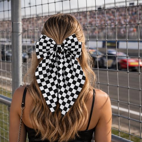 Oversized Black and White Checkered Hair Clip with Bow