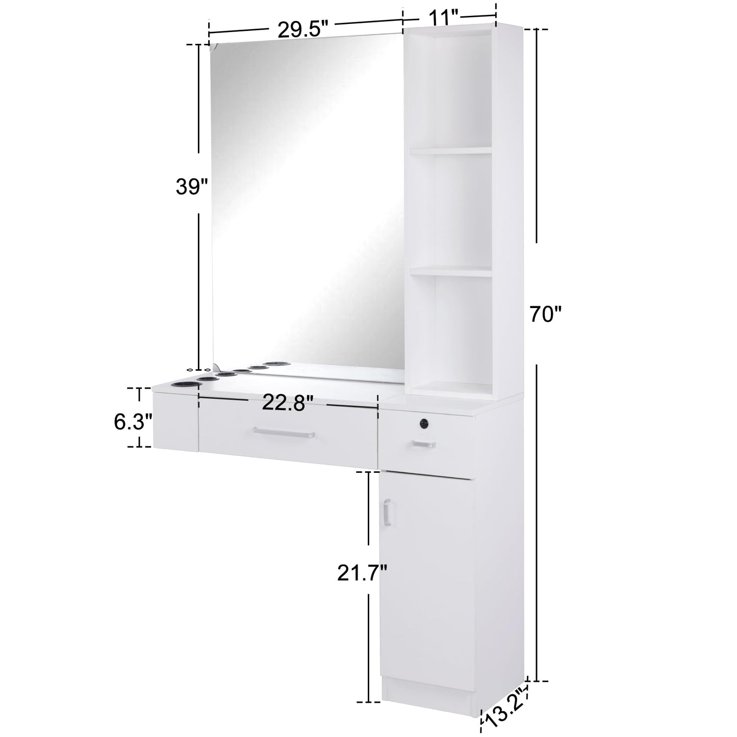 BarberPub Wall Mount Salon Station with 3 Hair Dryer Holders Hair Styling Station with Mirror Beauty Salon Spa Equipment Set 3026 (White)