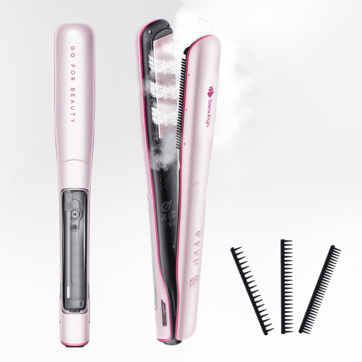 Steam Hair Straightener Flat Iron, Anti-Frizz Moisturizing Steam, Reduce Heat Damage, 20s Fast Heat, Ceramic Plates for Thick, Curly & Frizzy Hair, Beautigo, Rose Gold