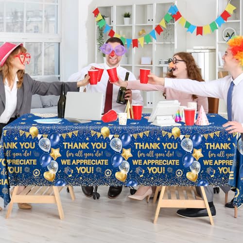 Thank You Tablecloth Set - 3 Pieces, Blue & Gold Appreciation Decor