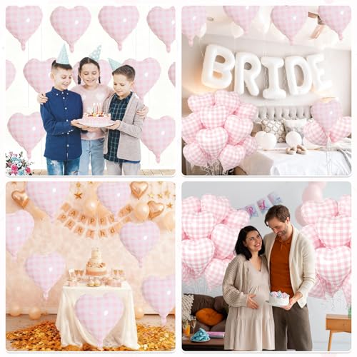 10PCS Pink Checkered Heart Foil Balloons - 18 Inch Party Decor