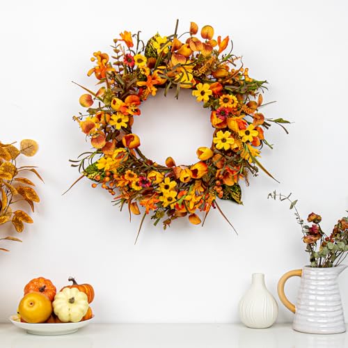 18-Inch Rustic Autumn Wreath with Orange Tulips & Wildflowers