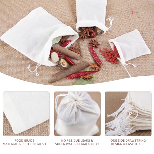 50pcs Reusable Muslin Spice Bags with Drawstring - 4x6 In Cotton Filter Bags for Tea, Coffee, Soup