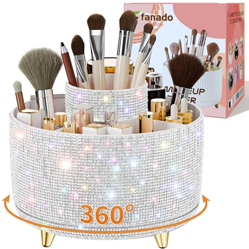 Bling Diamond Makeup Brush Holder - 360° Rotating Organizer in Diamond White