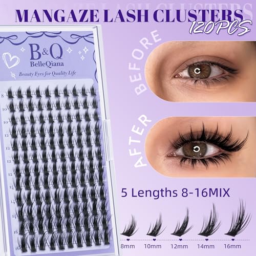 BelleQiana Manga Lash Clusters 120PCS - Spiky & Wispy Cat Eye DIY Eyelash Extensions - Model Mangaze 01