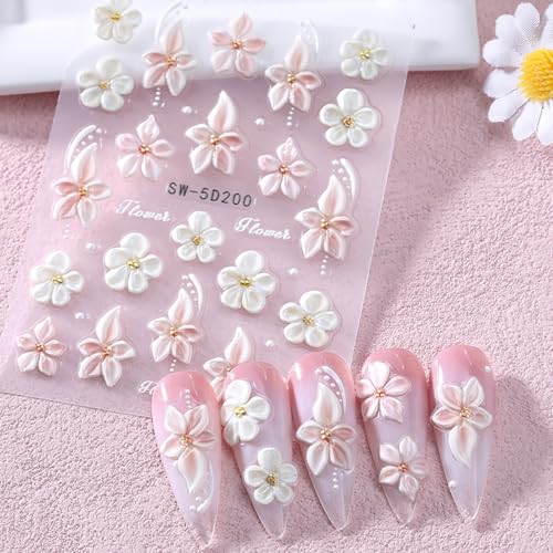 5D Embossed Flower Nail Stickers with Pearl Gems for Nail Art