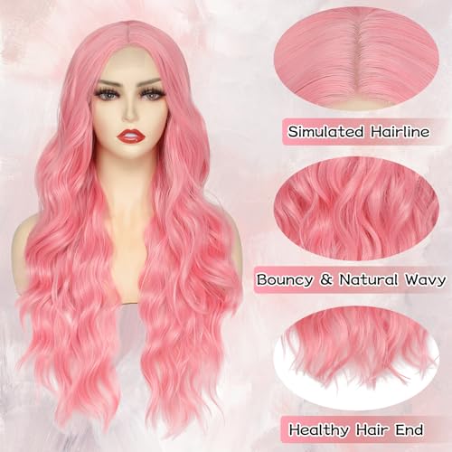 NAYOO 26 Inch Pink Wavy Synthetic Wig for Women | Heat-Resistant Cosplay & Party Wig