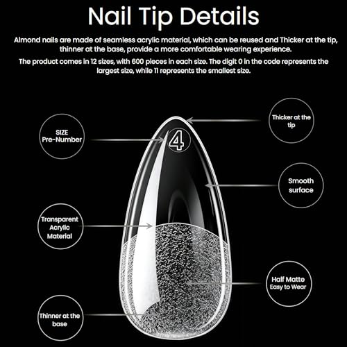 Yabonica 600 Pcs Almond Nail Tips - Pre-Shaped Gel Extensions