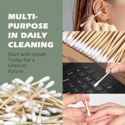 Isshah Double Tips Bamboo Cotton Swabs - 500 Count - FSC Certified | PETA approved bamboo cotton swabs. Plastic free, eco friendly, 100% biodegradable organic cotton. Double tipped design.