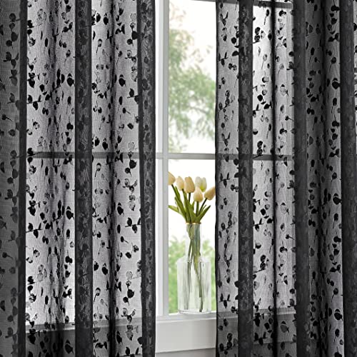 Jubilantex Black Lace Sheer Curtains with Leaf Buds Pattern - 52" W x 63" L, Light Filtering, 2 Panels