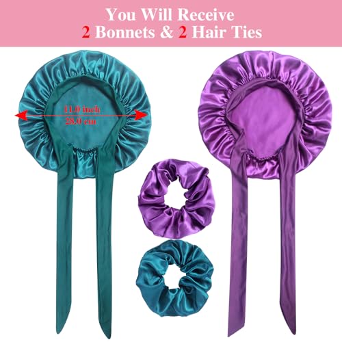 Heniho Satin Bonnets for Girls - Teal & Purple, Curly Hair Sleep Caps with Scrunchies, Adjustable, Kids Hair Care