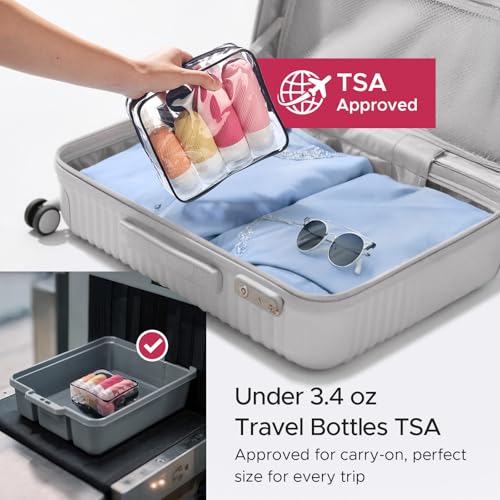 LitBear 23 Pack TSA Approved Travel Bottles for Toiletries, Leak Proof Refillable Travel Size Containers Kit with Silicone Squeezable Bottles Jars for Shampoo Lotion Conditioner, in Clear Bag, Pink