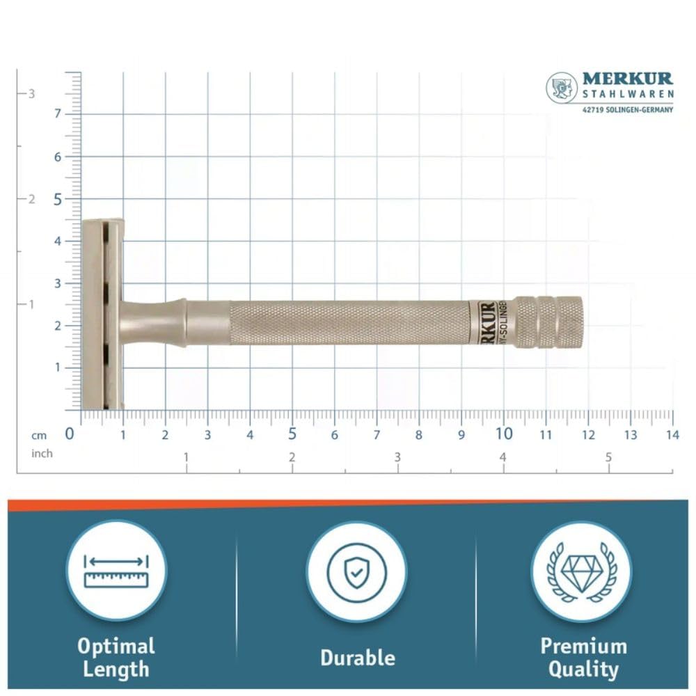 MERKUR 23 INOX Stainless Steel Double Edge Safety Razor, Satin Finish, Long Knurled Handle, Three Piece, Closed Comb