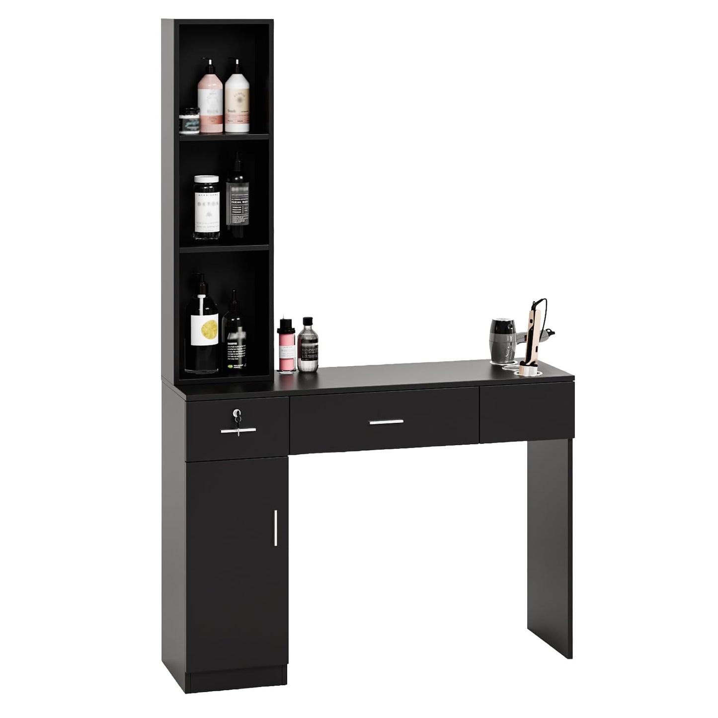 OmySalon Salon Stations for Hair Stylist, Locking Barber Station Organizer, Wall Mount Hair Styling Equipment with 2 Drawers, 1 Storage Cabinet, 3 Open Shelves, for Beauty Spa Hairdresser, Black
