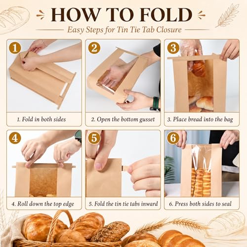 NPLUX 50-Pack Kraft Paper Bread Bags with Clear Window & Tin Tie
