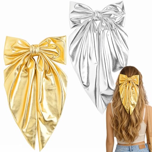 Large Gold & Silver Hair Bow Clips Set for Women - 2PCS 11.4x5.5in