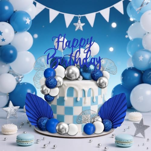 Blue and Gold Ball Cake Toppers - 24-Piece Boho Decoration Set