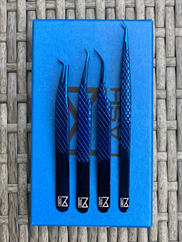 Blue M Lash Tweezers Set of 4 for Eyelash Extensions - Precision Lash Tools