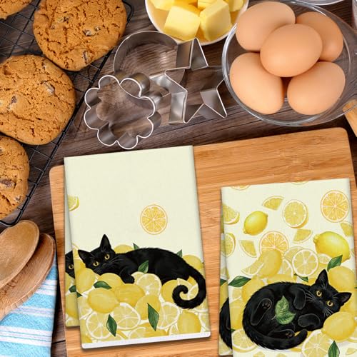 Black Cat Lemon Kitchen Towels Set of 4 | Microfiber, 16x24 Inch