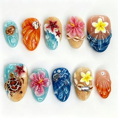 30pcs Almond Press on Nails with Sea Turtle & Flower Design