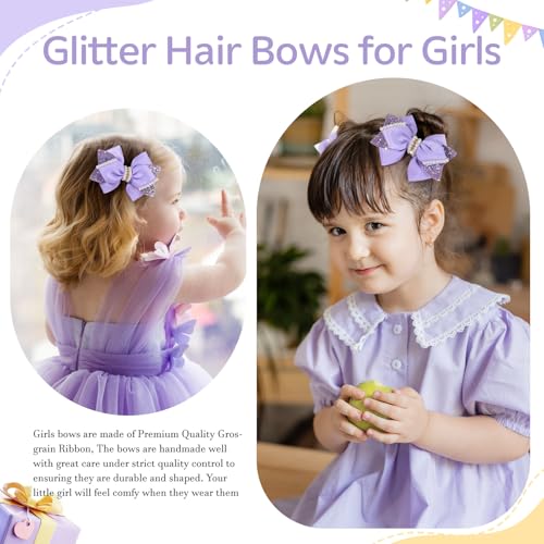 TOKUFAGU 4" Sparkly Glitter Sequin Ribbon Hair Bow Clips Light Purple with Pearls