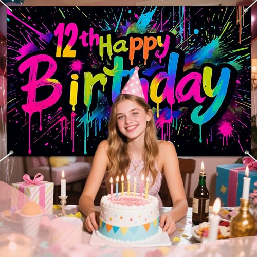 12th Birthday Party Banner - Rainbow Neon Splatter 71x43 Inch