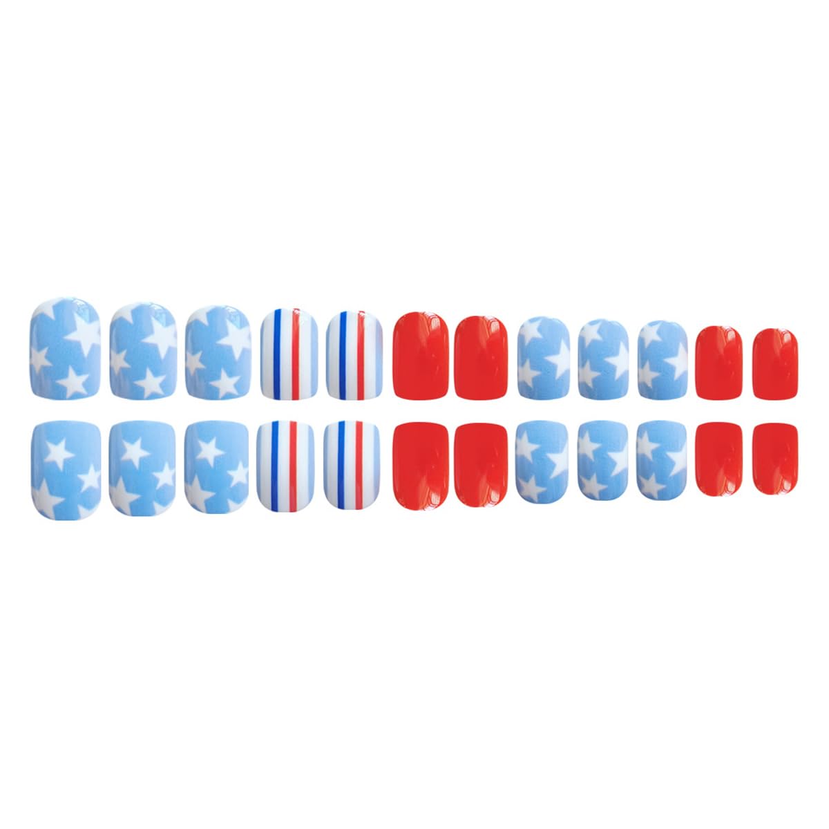 24Pcs 4th of July Press on Nails Short Square Fake Nails with Star Designs Patriotic False Nail for Women Stripe Acrylic Stick on Nails Blue Red Glue on Nail for Independence Day