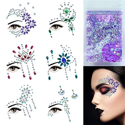 DECOYARDOO Face Jewels 6 Sheets Self-adhesive Stickers, 10g Chunky