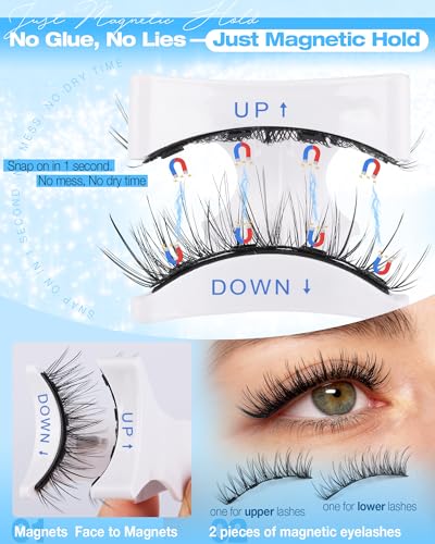 Lanflower D-Magnetic Eyelashes with Applicator & Primer, Natural Wispy Cat Eye Reusable Magnetic Lashes, No Glue Needed