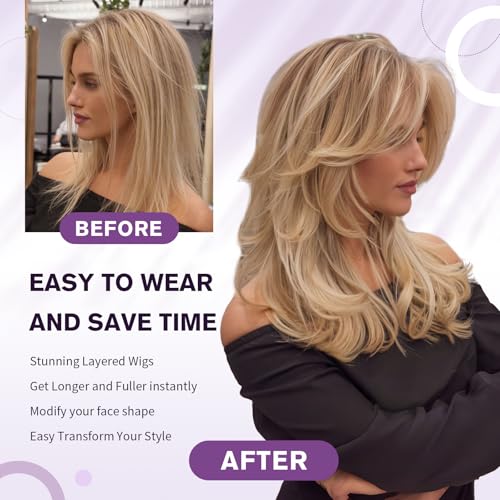 Black Wavy Layered Wig with Curtain Bangs - 20 Inch Synthetic Cosplay Hair