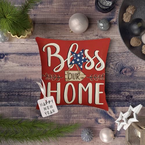 Patriotic Pillow Covers Set of 4 - 18x18 Inch Red, White & Blue