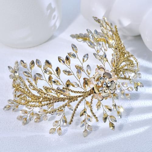 Champagne Rhinestone Bridal Headband - Floral Wedding Hair Accessory