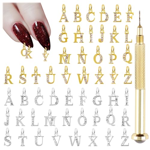 Kalolary Dangle Letter Nail Charms with Rhinestones & Tool