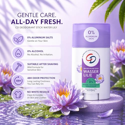 CD Water Lily Deodorant Stick - Alcohol-Free, Vegan, Sensitive Skin, 40ml