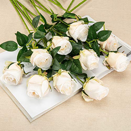 10pcs Long Stem Artificial Silk Rose Flowers - White DIY Decor