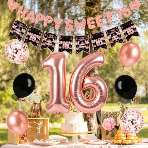Zirtorei Sweet 16 Birthday Decorations Set - 10pcs Rose Gold Party Supplies
